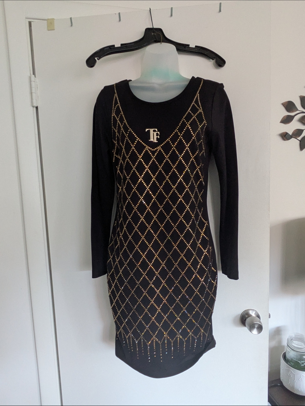 Black Long-Sleeve Knit Dress with Gold Stud Diamond Pattern